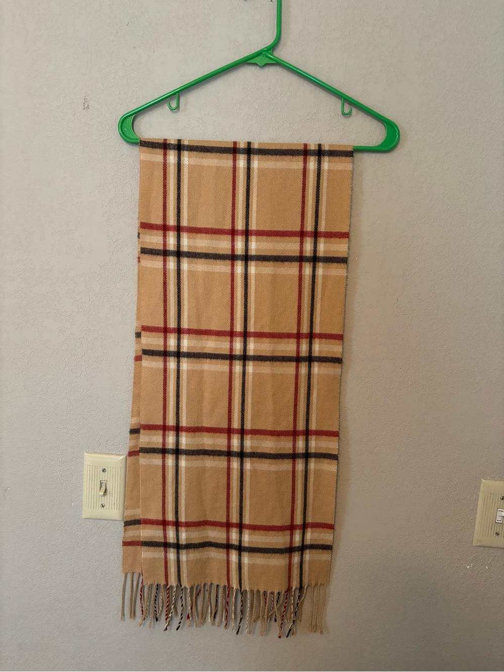 Made In ITALY Beige Plaid Fringe Scarf with Red and Black Accents